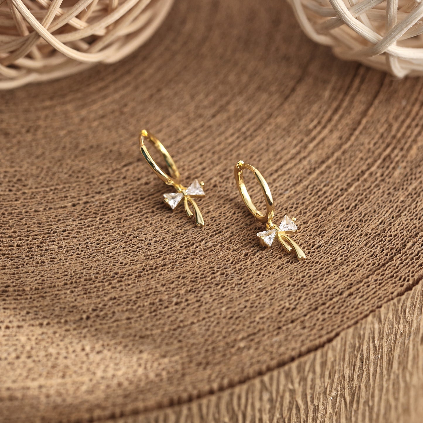 Ribbon Bow Huggie Earrings Dainty Diamond Charm Earrings Gold Plated Sterling Silver Cute Jewellery Birthday Gift Graduation Gift for Her