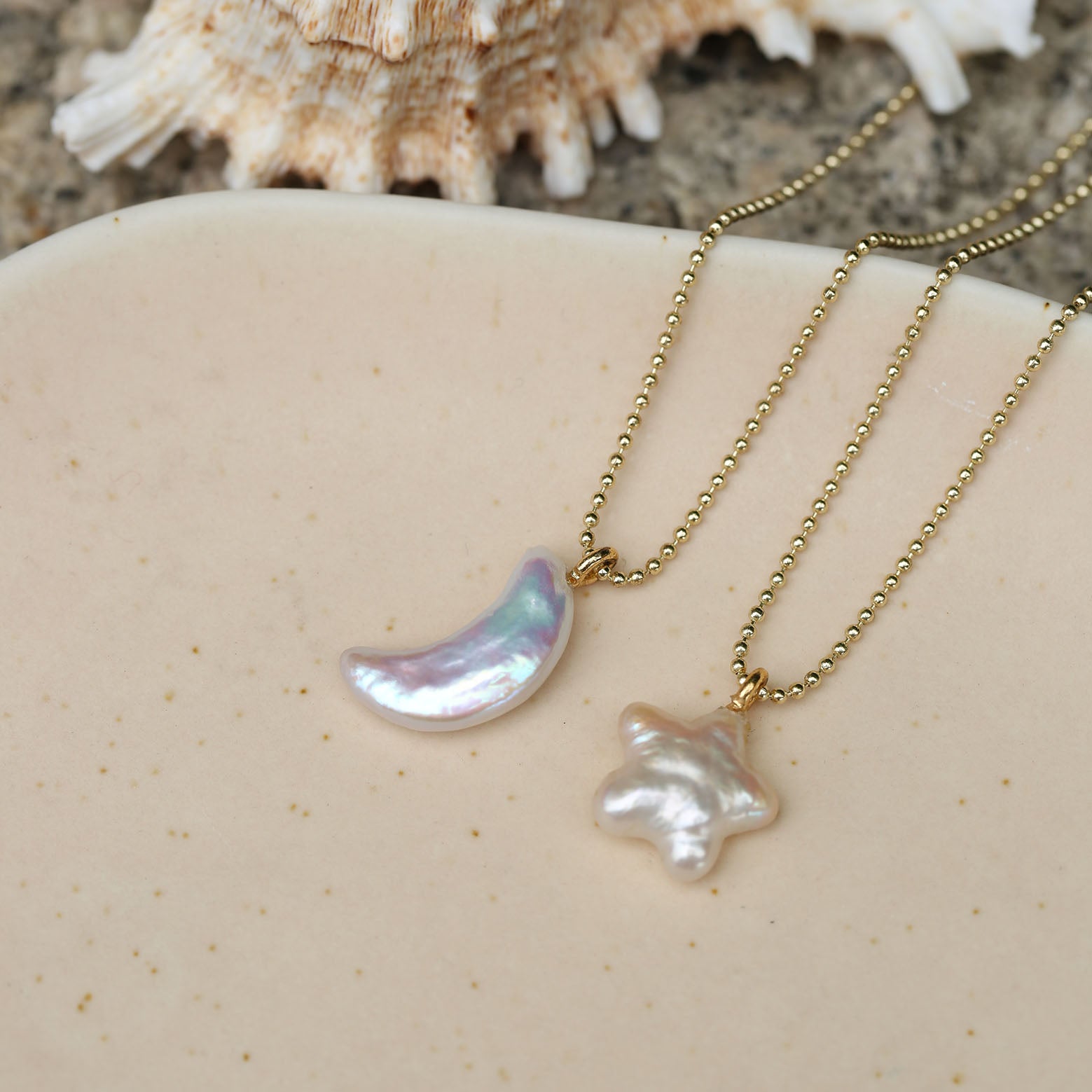 Star, moon and pearl pendant necklace