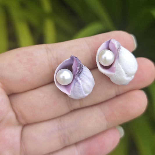 Handmade Sea Shell Pearl Stud Earrings