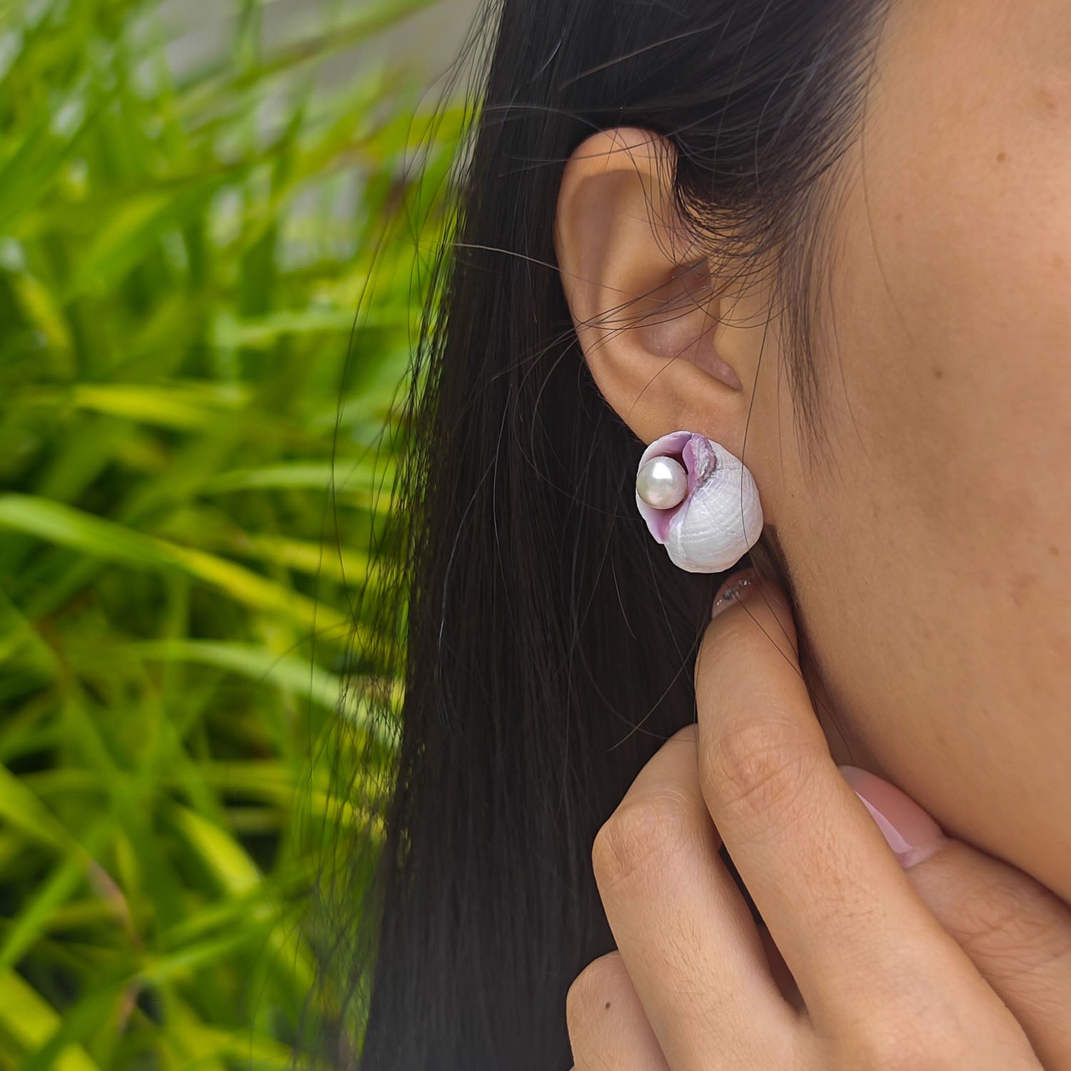 Small sea shell pearl stud earrings