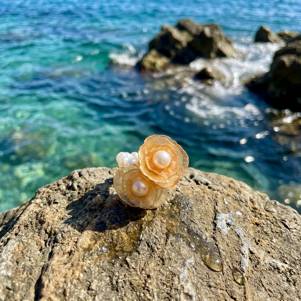 Rose flower pearl ring, shell pearl ring