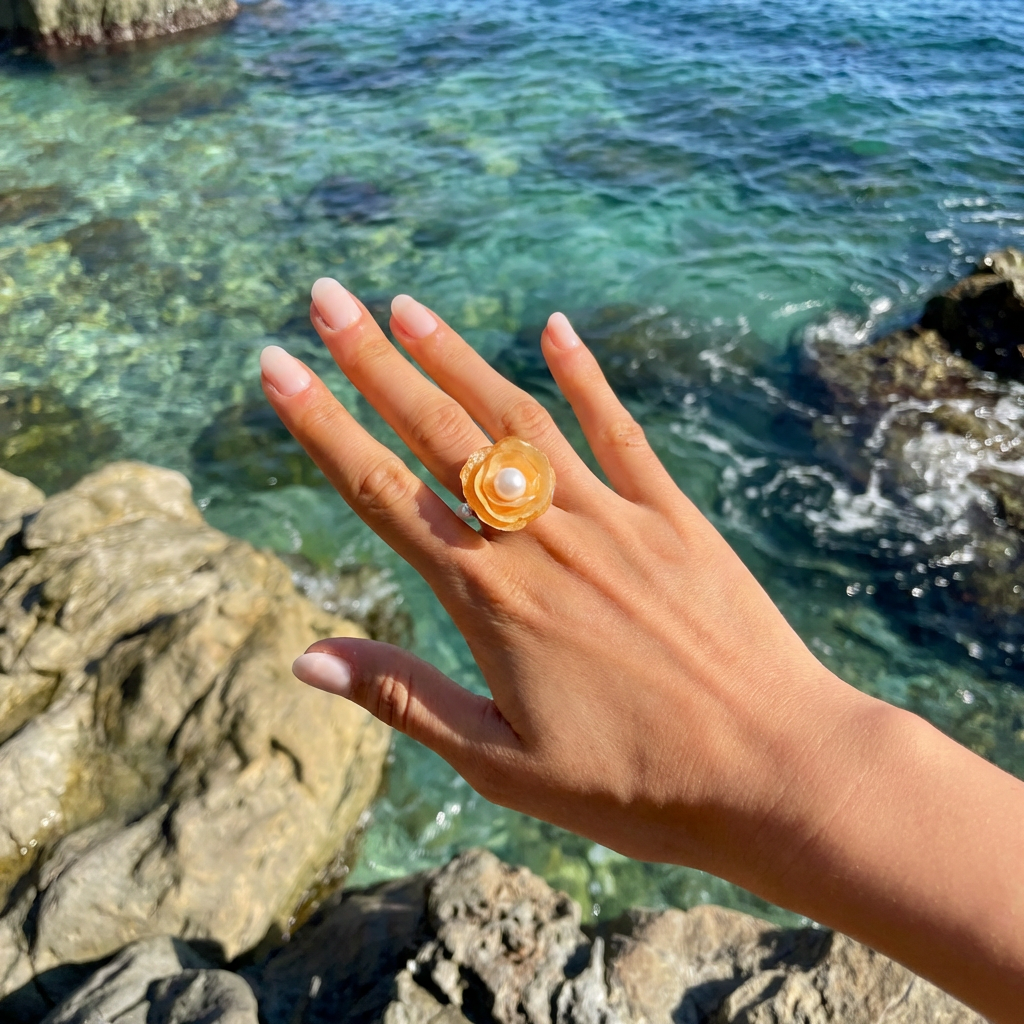 Rose flower pearl ring, shell pearl ring