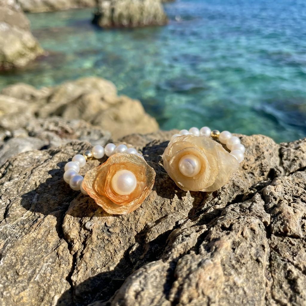 Rose flower pearl ring, shell pearl ring